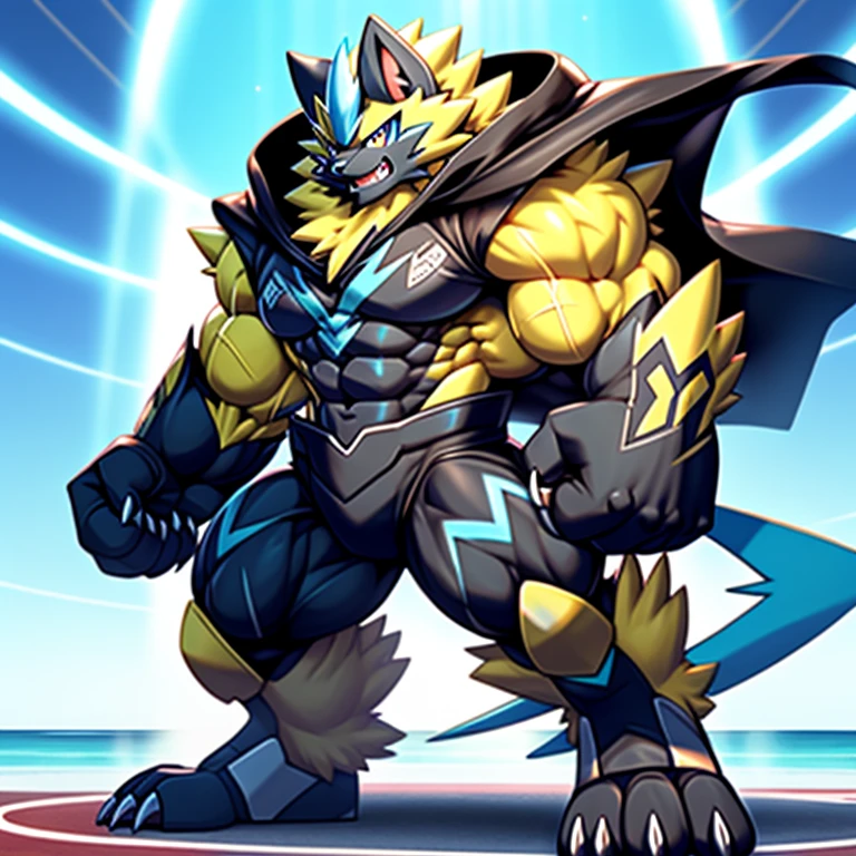 (Pokémon) A  Zeraora at the bodybuilding competition, on stage with other Zeraora's bodybuilders at his side, wearing a tiny thong (metallic color: jet black thong) massive, huge muscular bodybuilder with extraordinary biceps, pecs, triceps, traps, waist narrow, gigachad, 300 lbs.