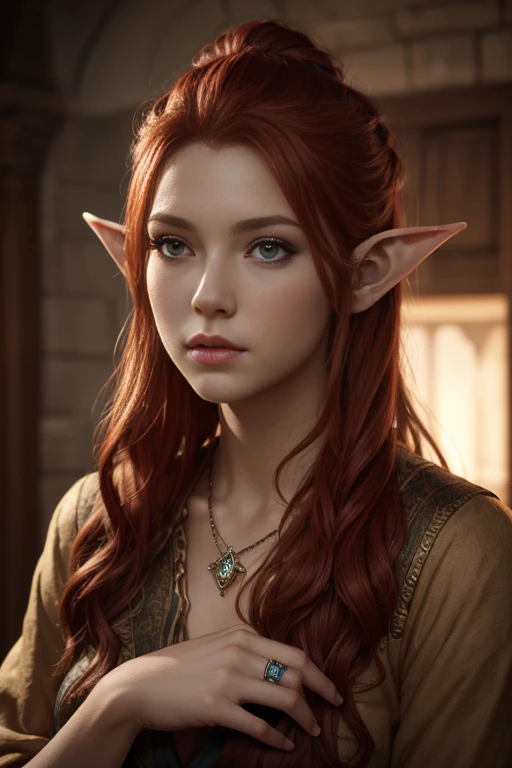 Ancient, noble elf, Celestia, Scarlet hair, rings, female creature, prehistoric era, heiress, Extremely realistic shading, masterpiece, extremely detailed, photorealistic, perfect lighting,