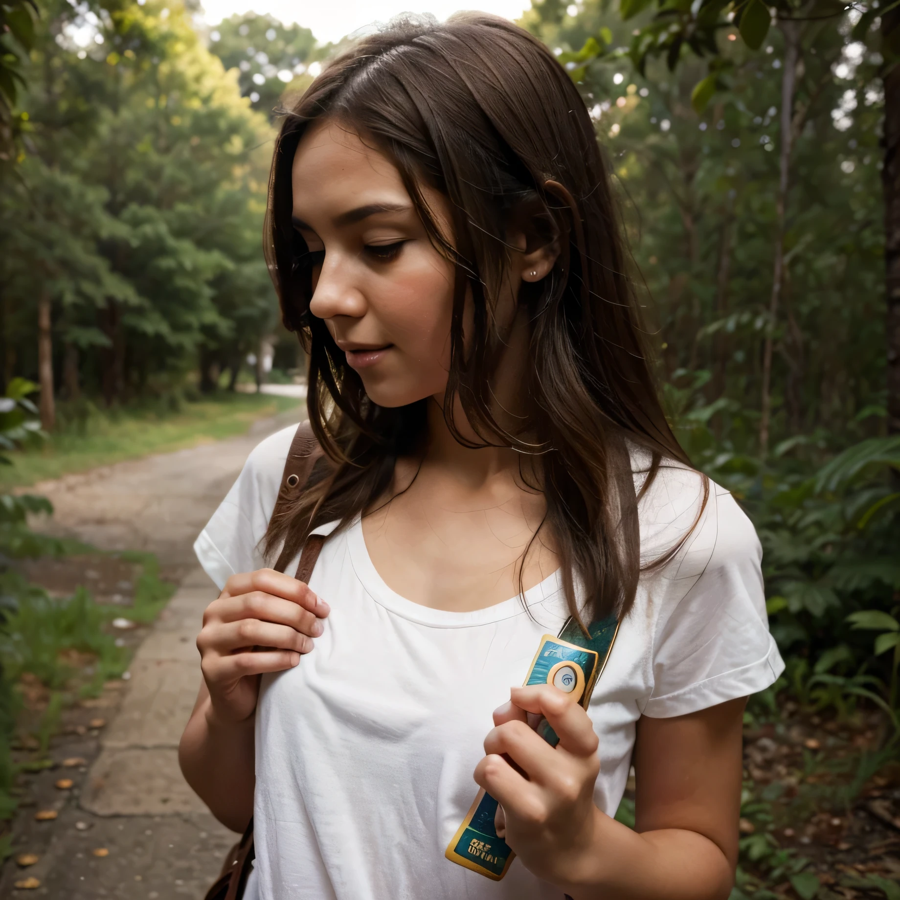 A girl kissed a natural place and hold a condom in hand