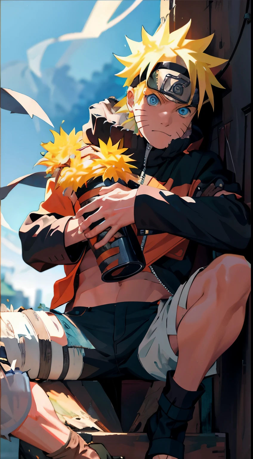 portrait, neon, 1 boy, shonen style, spiky blonde hair, leather jacket, jeans, boots, bandana with leaf symbol, perfect eyes, cool, blue eyes, full body, color --name Naruto Uzumaki --no pants showing sexual organs，Lift your feet to reveal the soles of your feet, wearing white socks