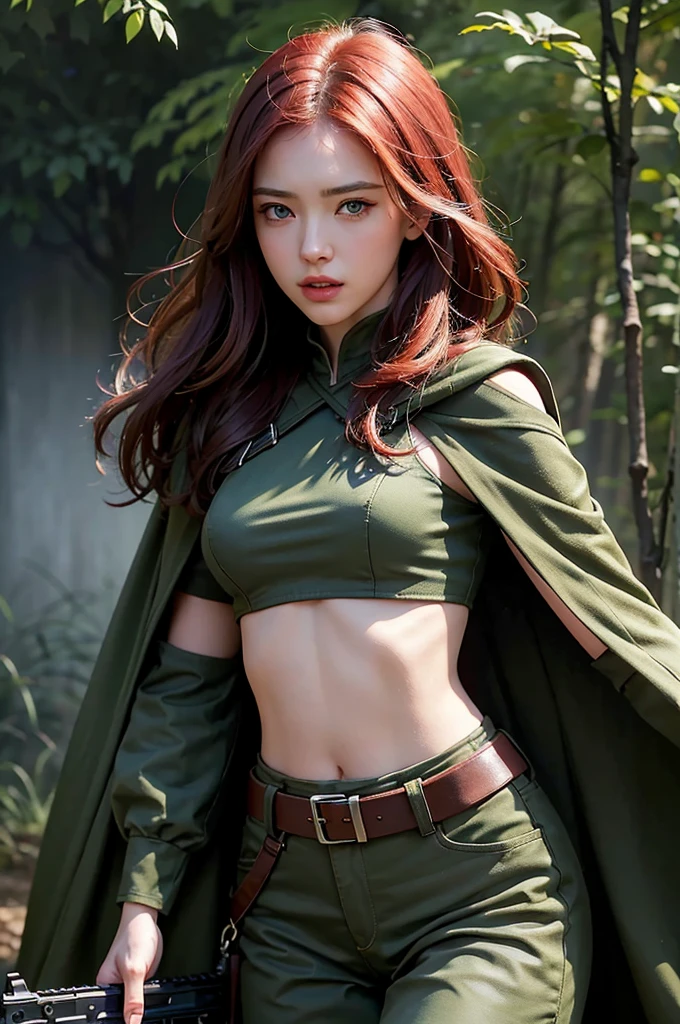 Highest quality、Highest quality、Masterpiece、girl((18-year-old、as soon as、Highest Bust、Medium Bust、Wide open chest、Red glowing eyes、Black Ear、Red Mesh、Disheveled Hair、Loincloth、thin、The best valley、Open chest、Red Cape、hair ornaments、Full body view、short trousers、shortＴshirt、Random Pause))、high quality、Beautiful Art、background((military base))、flight、Flying Debris、Depth of text、movie、Visual Arts、Perfect Art、8K、Genuine、Special Angles
