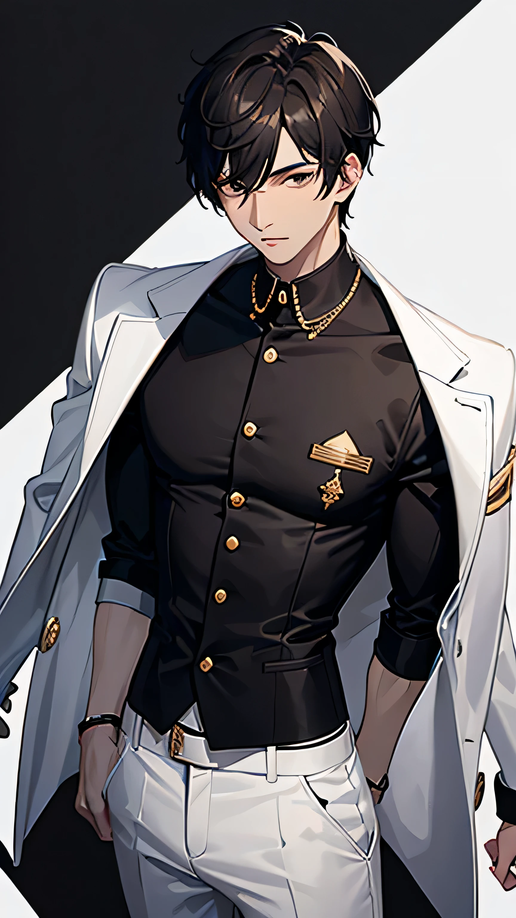 A black short haired man with white outfit like a jacket with black and gold detail on it