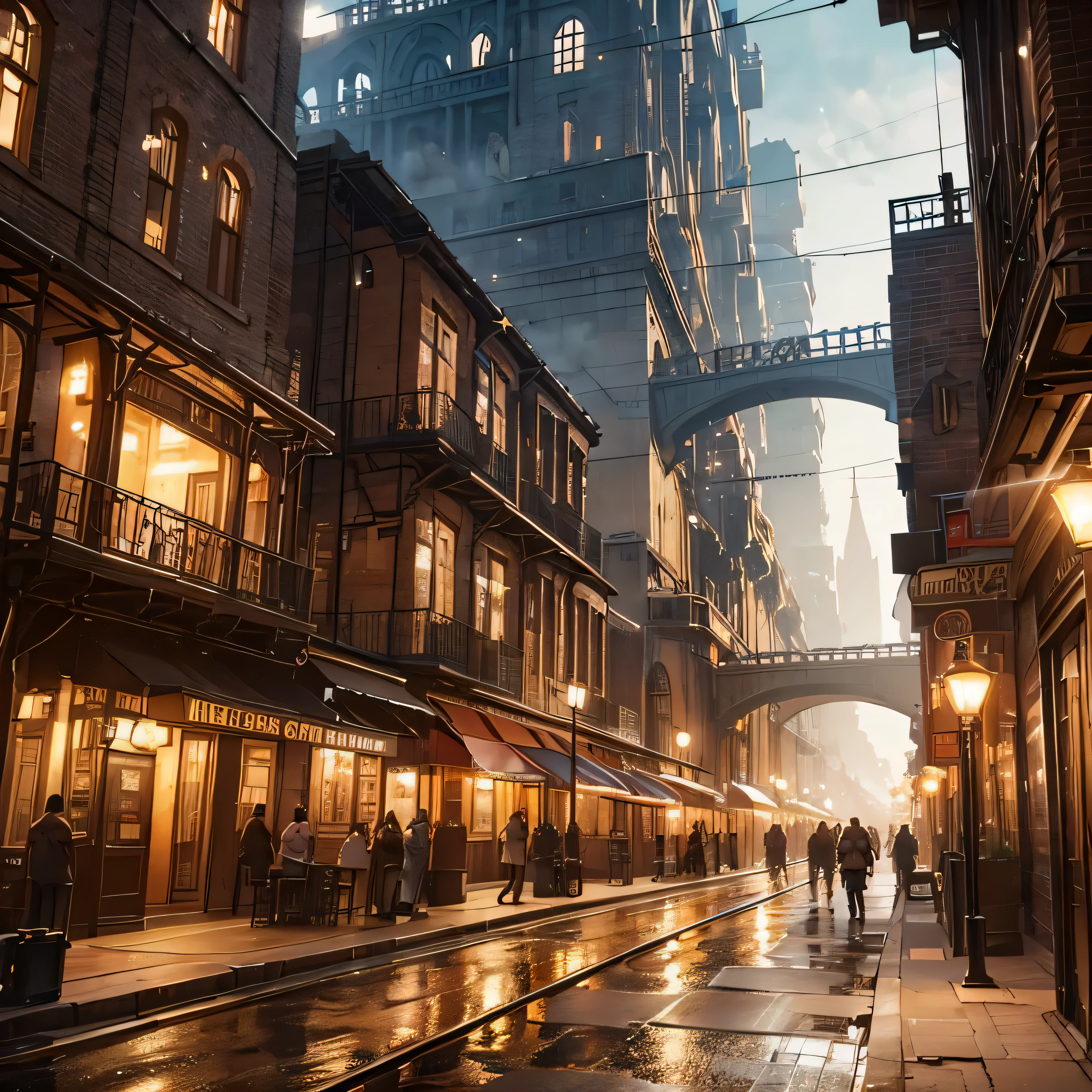 In an industrial city, enclosed by towering walls, a steampunk world unfolds. The atmosphere is filled with a mixture of rust and weight, as heavy machinery churns tirelessly in the factories. Thick smoke billows from chimneys, intertwining with the cityscape. Gears and mechanical contraptions dominate the landscape, while tall buildings and towers rise above, showcasing the ingenuity of steam power. The streets are illuminated by vintage streetlights, casting a cinematic glow on the scene. Every detail is meticulously captured, with super detailed precision and a touch of bloom, bringing the essence of this steampunk realm to life.