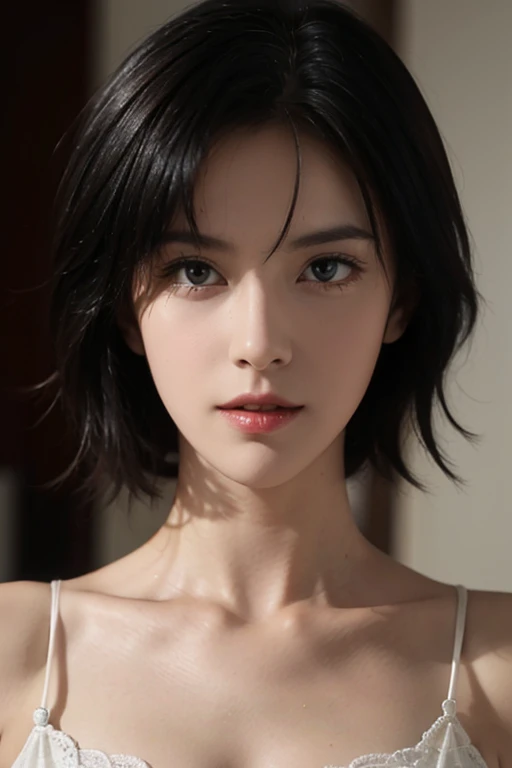 Full-body photo of a beautiful woman、Fubuki is waiting for me in the dimly lit room 、Fubuki lying in bed 、Fubuki is staring at me 、Short black hair、Green Eyes、G cup size、Fubuki wearing a white bra and white panties 、Not an anime、It's not a manga.、Realistic woman