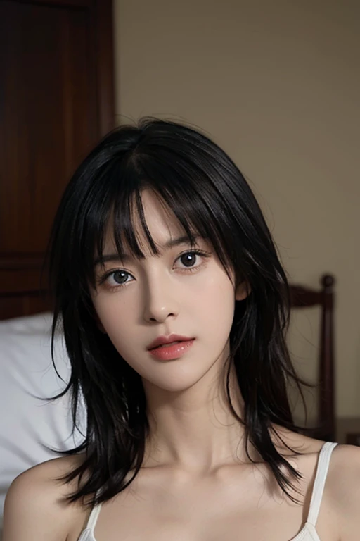 Full-body photo of a beautiful woman、Fubuki is waiting for me in the dimly lit room 、Fubuki lying in bed 、Fubuki is staring at me 、Short black hair、Green Eyes、G cup size、Fubuki wearing a white bra and white panties 、Not an anime、It's not a manga.、Realistic woman