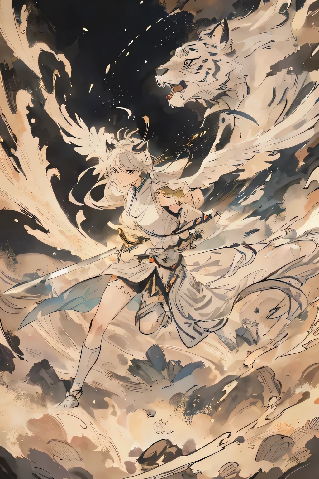 White Tiger,Mythical,feather,wing,Woman riding White Tiger,Women have four wings,With a long sword in his hand