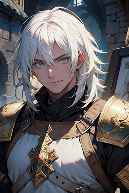 ,young, male, man, white, white hair, green eyes, armor dark medieval, medieval village atmosphere. medium hair, white hair, insane smile, insane eyes, blood in face, , 8k, super detail, accurate, best quality, high quality, high details, super detail, award winning, best quality, high resolution, textured skin, anatomically correct, masterpiece, accurate.