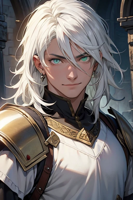 ,young, male, man, white, white hair, green eyes, armor dark medieval, medieval village atmosphere. medium hair, white hair, insane smile, insane eyes, blood in face, , 8k, super detail, accurate, best quality, high quality, high details, super detail, award winning, best quality, high resolution, textured skin, anatomically correct, masterpiece, accurate.