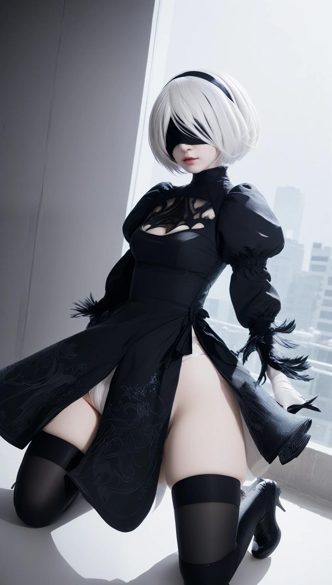 RealのSelfie、nier:Beautiful cosplay of 2B from Automata、2B takes a selfie、2Bのコスプレをした女性のSelfie、White skin、tall、Great style、Big Breasts、Small face、Small head、High nose、Beautiful Face、30 years old、British women、Half British、nier:2B&#39;s black costume from Automata、Wearing a black blindfold、Stylish background、Light background、Blur the background、Fantasyな都市を背景に、Kiss the viewer、((2BのSelfie))、((Focus Zoom))、((Face Enhancement))、Shooting from a diagonal angle、masterpiece、highest quality、high resolution、コスプレイヤーのSelfie、Selfie、Professional Photoodel、Fantasy、Glaring at the audience、Angry expression、Cosplay Makeup、Real Cosplay Photo、Cool and beautiful photos、Wrapped in a pale white glow、good looking