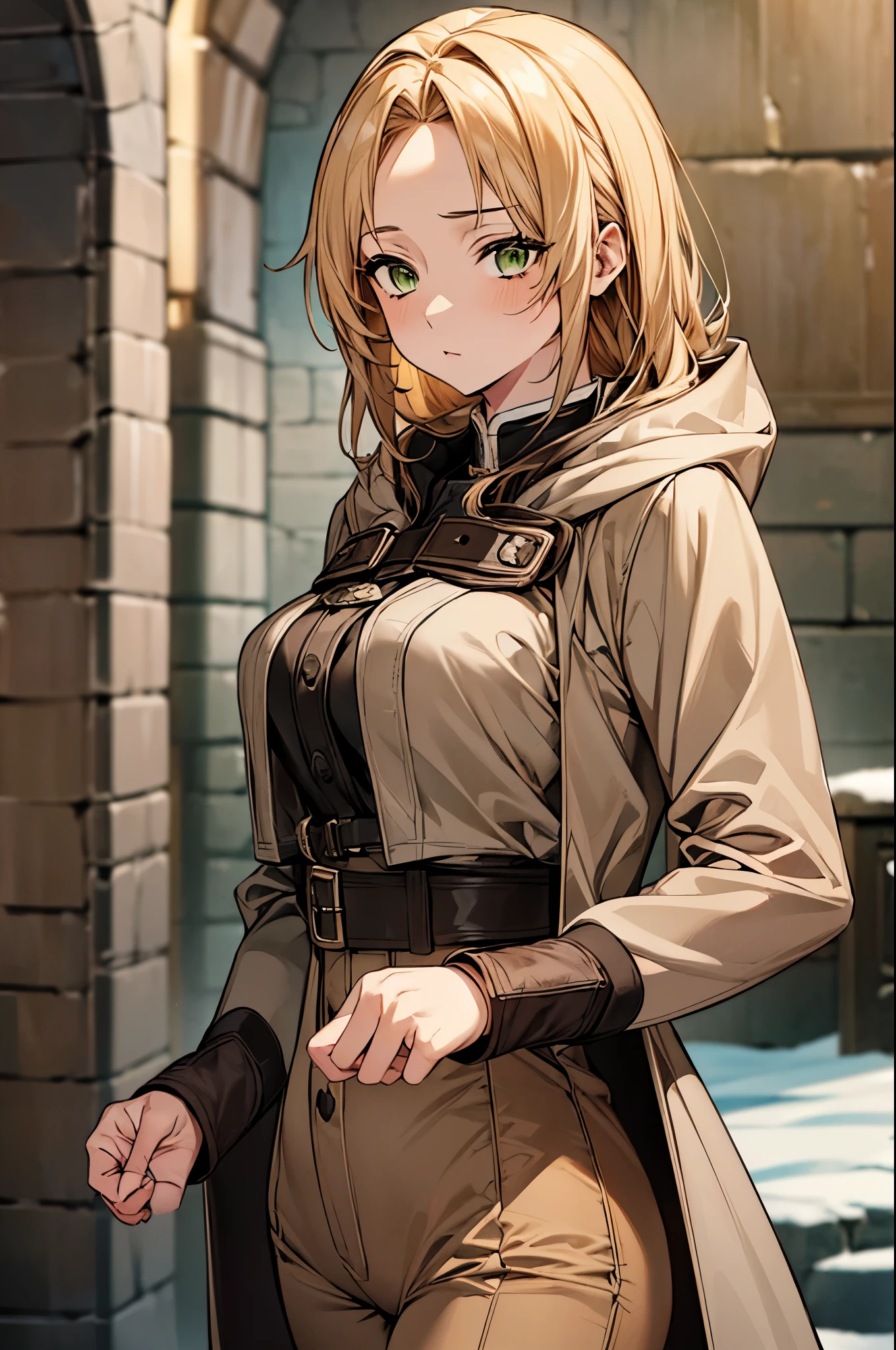 (masterpiece, best quality:1.2), expressive eyes, perfect face, highres, 1girl, solo, (female:1.5),rudeus_greyrat, green eyes, blonde hair, long hair, brown coat, hood, brown pants, large breasts, standing, upper body, looking at the viewer