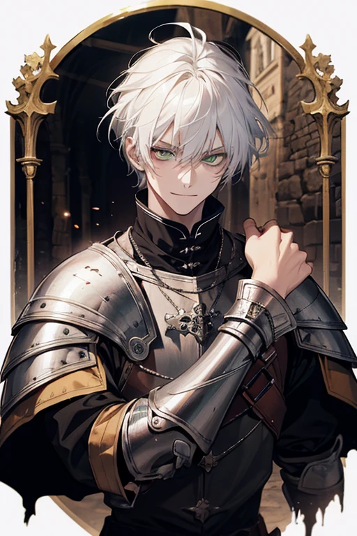 ,young, male, man, white, white hair, green eyes, armor dark medieval, medieval village atmosphere. medium hair, white hair, insane smile, insane eyes, blood in face, , 8k, super detail, accurate, best quality, high quality, high details, super detail, award winning, best quality, high resolution, textured skin, anatomically correct, masterpiece, accurate.