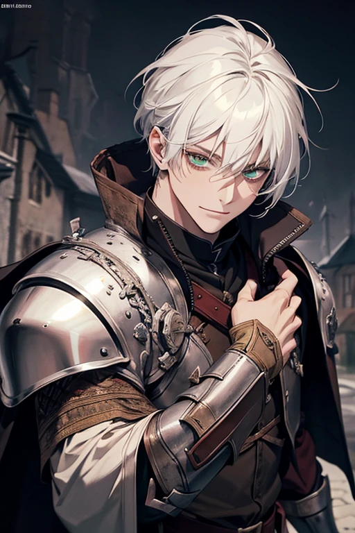 ,young, male, man, white, white hair, green eyes, armor dark medieval, medieval village atmosphere. medium hair, white hair, insane smile, insane eyes, blood in face, , 8k, super detail, accurate, best quality, high quality, high details, super detail, award winning, best quality, high resolution, textured skin, anatomically correct, masterpiece, accurate.