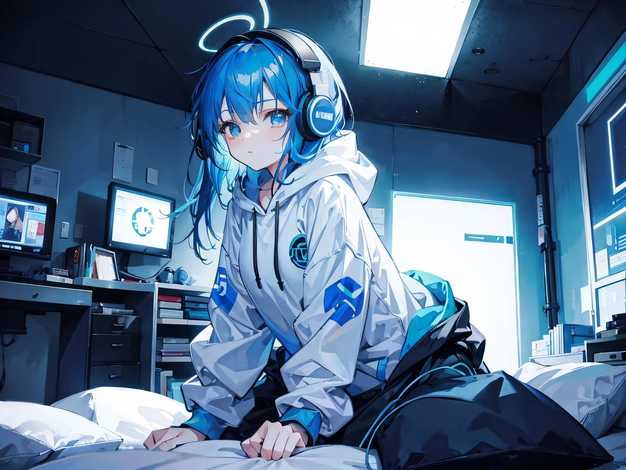 Blue-haired girl, hoodie, headphones, neon lights, bedroom