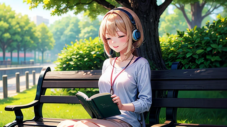 Sitting on a park bench、Create an anime-style image of a young woman in casual clothing, wearing headphones and reading a book。She is surrounded by serene nature、It gives off a sense of peace.。Her expression was relaxed.、He has a satisfied smile。Warm lighting and a soft, blurred background、It creates a quiet and gentle atmosphere。