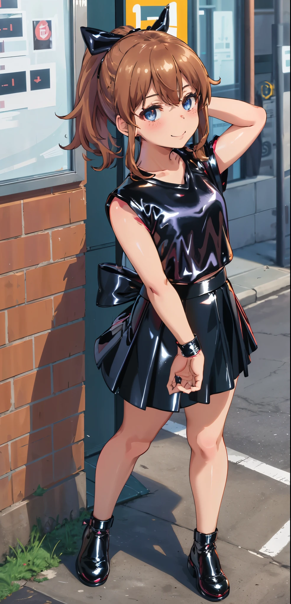 best quality, (masterpiece:1.2), highly detailed, standing, street,
1girl, solo, akatsuki minami,
looking at the viewer, closed mouth, smile, slight blush,
blue eyes, brown hair, ponytail, hair bow, sleeveless, (((dominant girl, latex skirt,  latex shirt )))