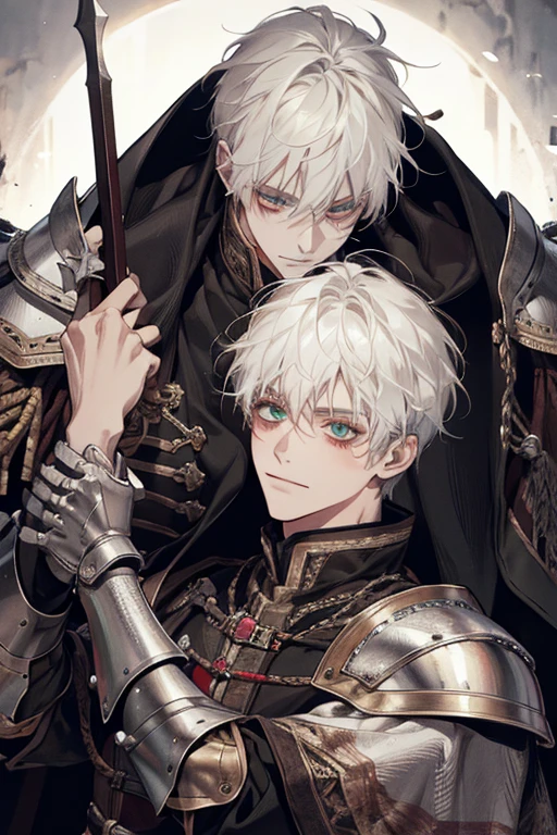 ,young, male, man, white, white hair, green eyes, armor dark medieval, medieval village atmosphere. medium hair, white hair, insane smile, insane eyes, blood in face, , 8k, super detail, accurate, best quality, high quality, high details, super detail, award winning, best quality, high resolution, textured skin, anatomically correct, masterpiece, accurate.