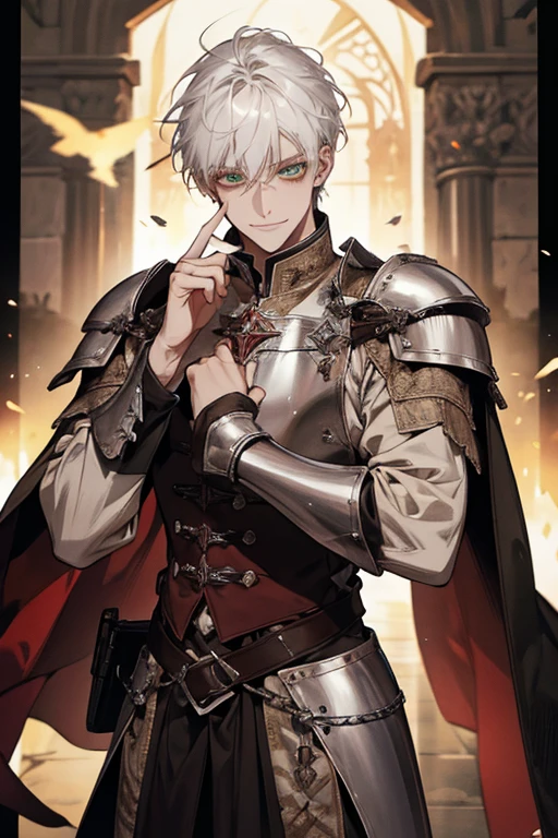 ,young, male, man, white, white hair, green eyes, armor dark medieval, medieval village atmosphere. medium hair, white hair, insane smile, insane eyes, blood in face, , 8k, super detail, accurate, best quality, high quality, high details, super detail, award winning, best quality, high resolution, textured skin, anatomically correct, masterpiece, accurate.