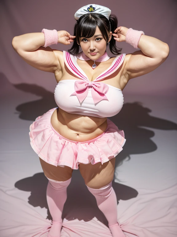 ((Great quality,Great quality,high quality, very beautiful,beautiful, 最high quality, Realistic)),Low - Angle,((Magical girl)),,Short sideburns,Forehead, Long twintail, ((Pink sailor collar)), Strong legs, {Pink knee socks}, Frilled knee socks,Detailed body,photograph,Shadow,3D, {{pink elbow_gloves)),{Tight leotards}, {Covered navel},Pink and white outfit,{marching band},Rhythmic,texture,Magical Effects,Idol Pose,smile,{Navel exposed}, View your viewers, ((Transform your clothes, dance,thank you, 最high quality, Great quality, very beautiful, Absurd))、(Perfect beautiful face 1.2),(anger),Flushed Cheeks,Heavy breathing,(Perfect and beautiful posture:1.2),(40 year old beautiful Japanese woman),(Mature Woman),(face with makeup),bodybuilder,((Huge breasts)),Big Ass, (thick muscular body),{Pink Hair},(Embarrassed face),(Sweating all over the body:1.2),(Excessive sweating from the armpits:1.3),超高解像度のphotograph,Looking at the camera,(Stand facing forward),(full body),