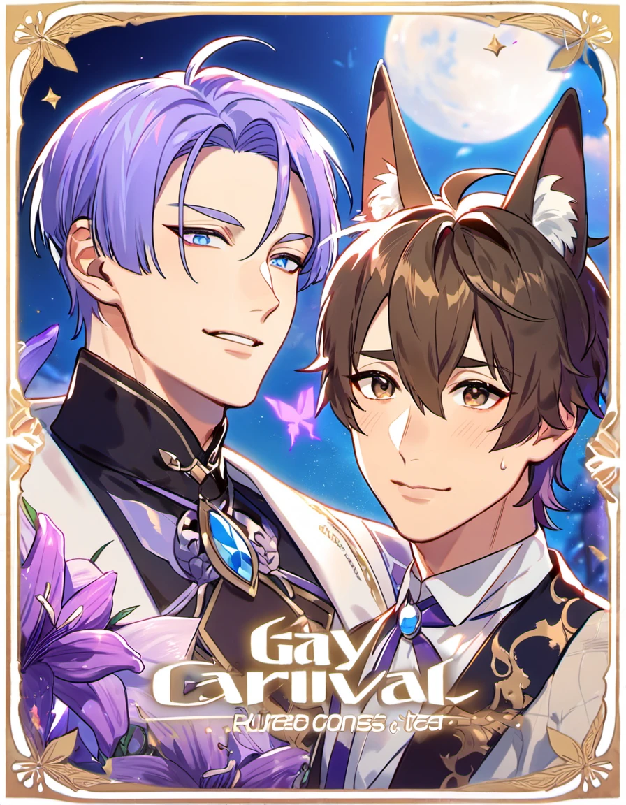 absurdres, highres, ultra detailed, HDR, master piece, best quality, Eiden, brown hair, expressive brown eyes, Nu Carnival, Kuya, light-purple hair, expressive blue eyes, fox ears, two men together, gay couple, handsome, fantasy clothes, moon, purple lilies, purple butterflies, purple flames