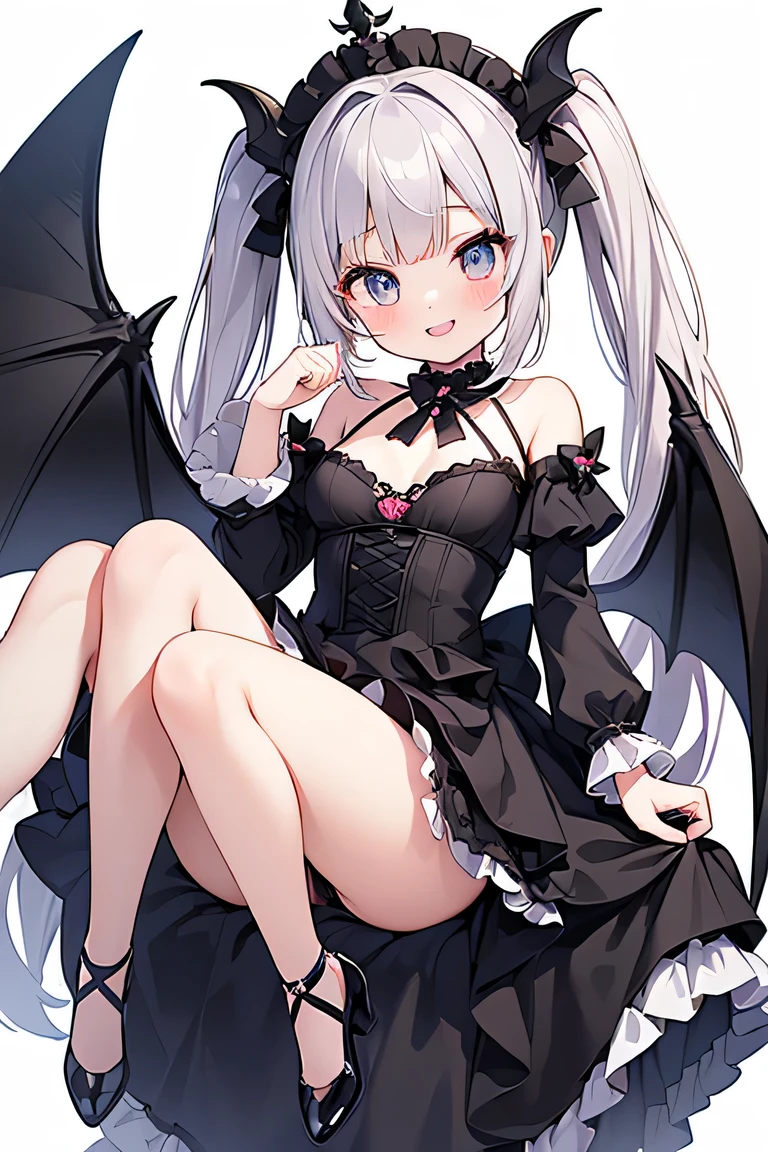 ((masterpiece)), ((best quality)), (ultra-detailed), ((kawaii)), cute, (lovely), illustration, anime style, full body, a cute girl, solo, (beautiful eyes), small devil, Gothic and ta (type of teenfashion), slim, slender, beautiful breasts, black wings, evil, seductive smile, fang, endearing, blush, elegant, youthful, graceful, ((The tips of her canine teeth are peeking out from her smiling mouth)), Double Tooth.