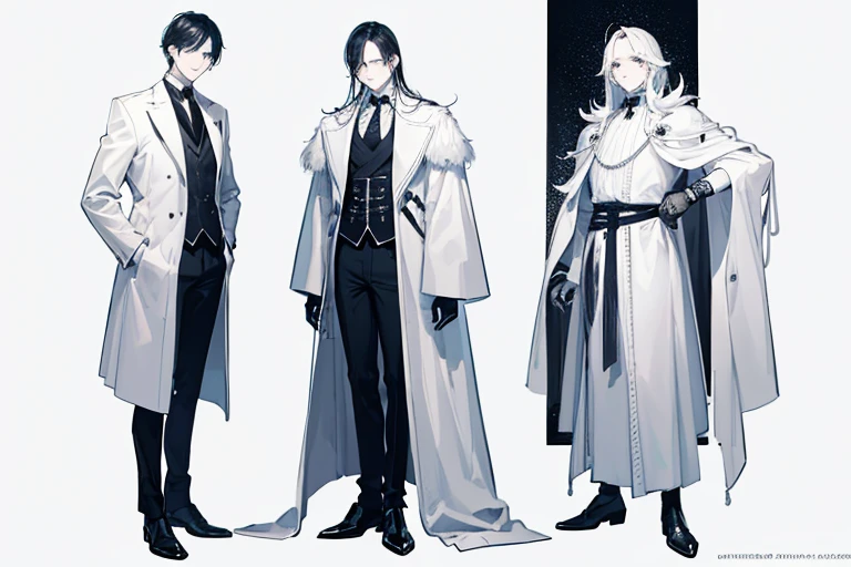 monochrome,masterpiece, illustration, best quality, best aathetic, full body,long shot,three men wearing white coats,talk together,white background,