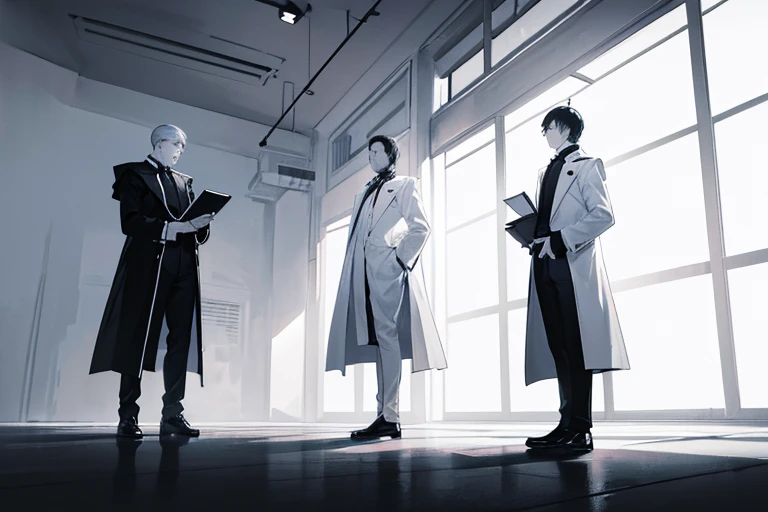 monochrome,masterpiece, illustration, best quality, best aathetic, full body,long shot,three men wearing white coats,talk together,white background,