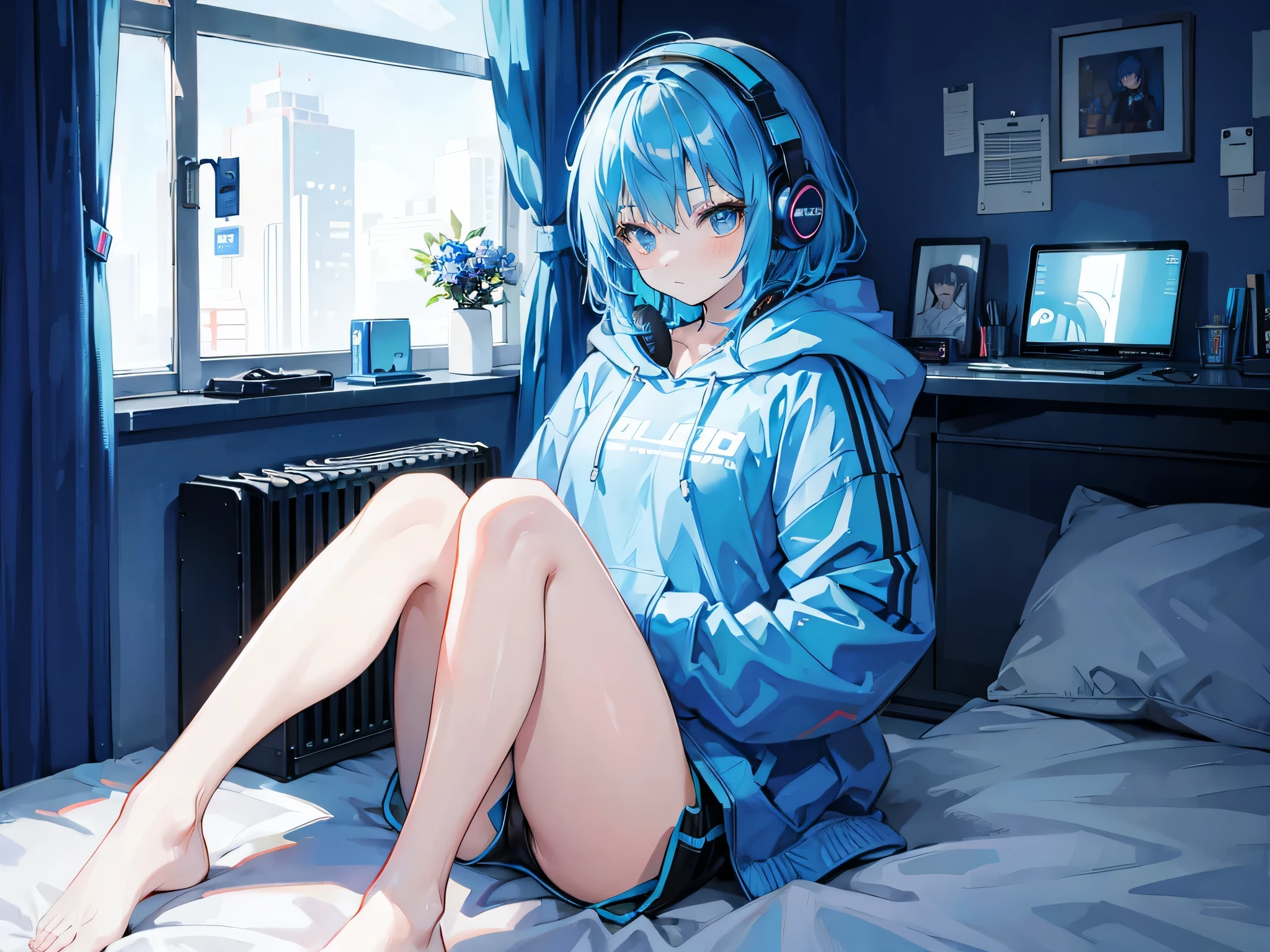 Blue-haired girl, hoodie, headphones, neon lights, bedroom