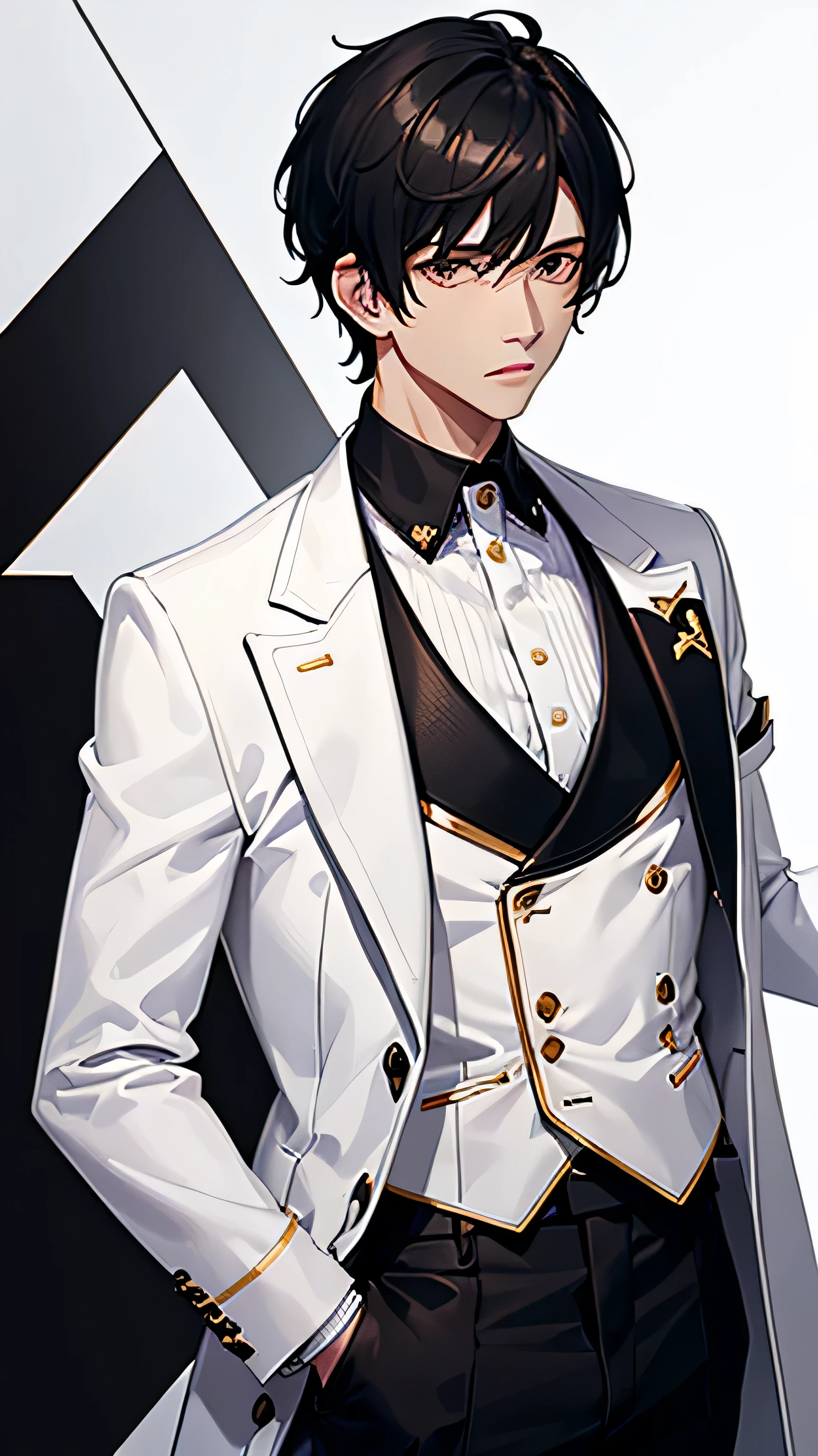A black short haired man with white outfit like a jacket with black and gold detail on it and the outfit has mediaval theme