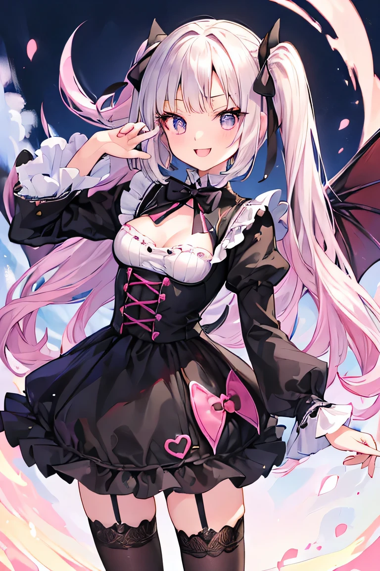 ((masterpiece)), ((best quality)), (ultra-detailed), ((kawaii)), cute, (lovely), illustration, anime style, full body, a cute girl, solo, (beautiful eyes), small devil, Gothic and ta (type of teenfashion), slim, slender, beautiful breasts, black wings, evil, seductive smile, fang, endearing, blush, elegant, youthful, graceful, ((The tips of her canine teeth are peeking out from her smiling mouth)), Double Tooth.