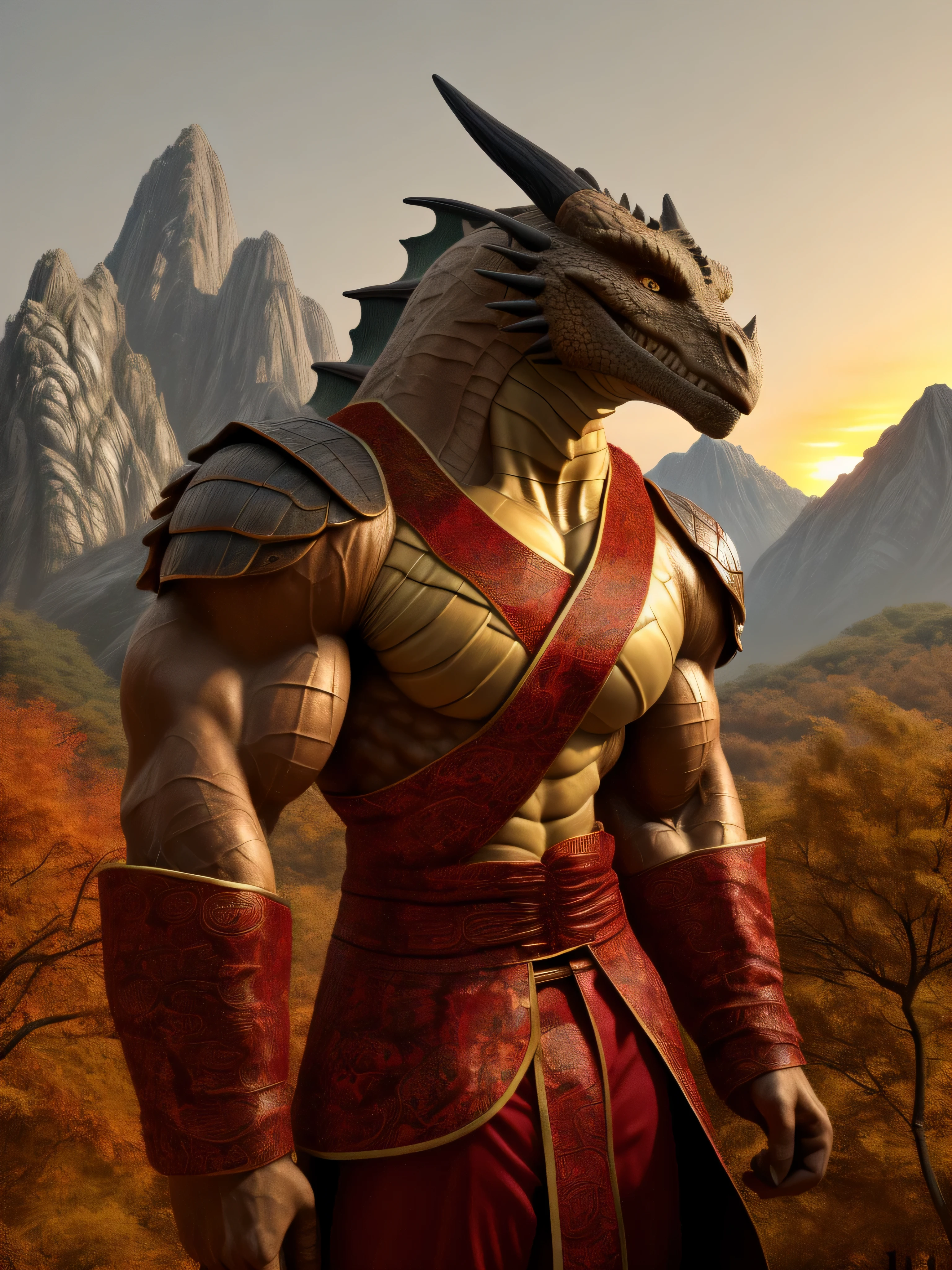 fog:1,3, photography, (expenses: 1,2135), (rough rough skin:1,125) Looks like (rough hard skin: 1,235), ultra-realistic shading, anthropomorphic, light color, (the dragon :1,3055), photorealistic, Entertaining, (grin:1.1025), (Edward Gorey:1.3355), Huge pectoral muscles, sports, huge shoulder muscles, tribe, warrior, big biceps, (chinese outfits:1.15), thin waist, slender sports man, strong, sports, china, chinese, mountains, autumn, day, sunset , fire