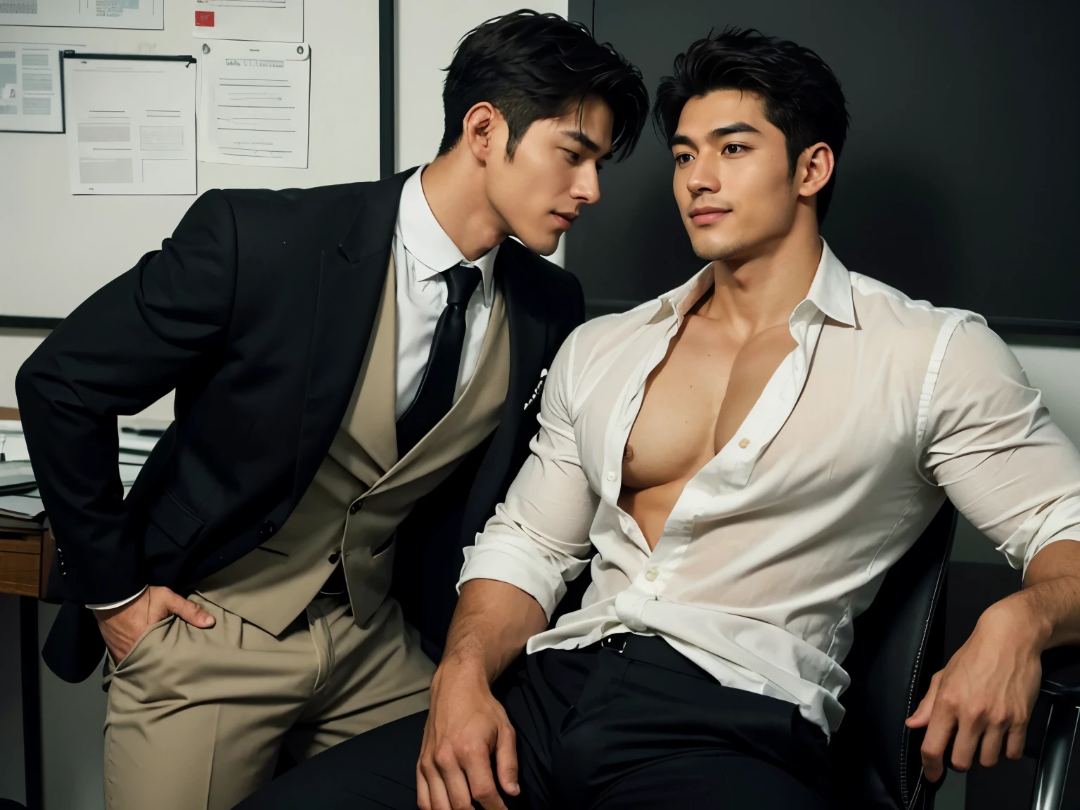 two men, two males, hyper realistic image of extremely handsome 30 year old korean man, mature features, wearing a luxurious suit, sitting in a leather office chair, another handsome 30 year old tanned muscular filipino bodybuilder man stands in front facing him, he is wearing a fitted black suit, vpl, looking romantically at each other, in a fancy office, smiling, romantic atmosphere, perfect face, side view, highly detailed, intricate details, sharp focus, cinematic lighting, cinematic shadows