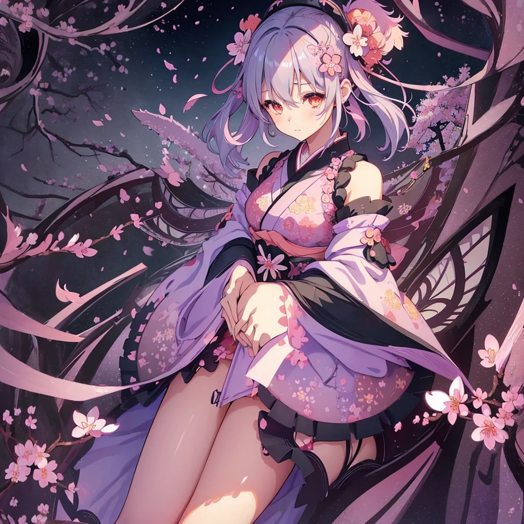 1girl、Gothic with Japanese pattern、hair ornaments、(Cherry Blossom Fractal Art:1.5)、(star:1.1) (flower:1.3)、pastel colour、Purple Full Moon、Bat on the full moon、Gray Hair、universe。Milky Way、Aurora、Pink and orange light source、Make your sleeves so long that your fingers are not visible,