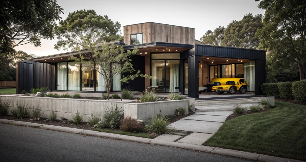 house exterior industry style, dark yellow and green color scheme, like an oldtime industry factory,raw materials, exposed structural elements, and simple, clean lines,rough-hewn steel, polished concrete, glass, and exposured brick,