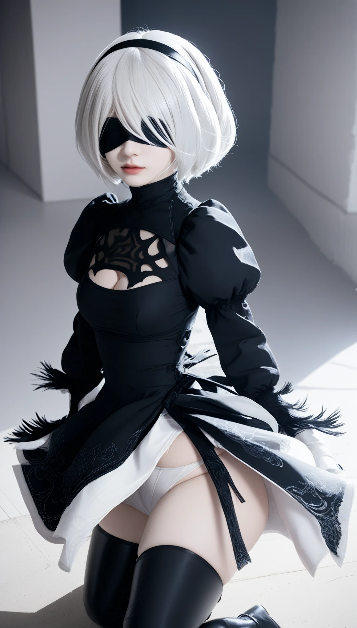 RealのSelfie、nier:Beautiful cosplay of 2B from Automata、2B takes a selfie、2Bのコスプレをした女性のSelfie、White skin、tall、Great style、Big Breasts、Small face、Small head、High nose、Beautiful Face、30 years old、British women、Half British、nier:2B's black costume from Automata、Wearing a black blindfold、Stylish background、Light background、Blur the background、Fantasyな都市を背景に、Kiss the viewer、((2BのSelfie))、((Focus Zoom))、((Face Enhancement))、Shooting from a diagonal angle、masterpiece、highest quality、high resolution、コスプレイヤーのSelfie、Selfie、Professional Photoodel、Fantasy、Glaring at the audience、Angry expression、Cosplay Makeup、Real Cosplay Photo、Cool and beautiful photos、Wrapped in a pale white glow、good looking