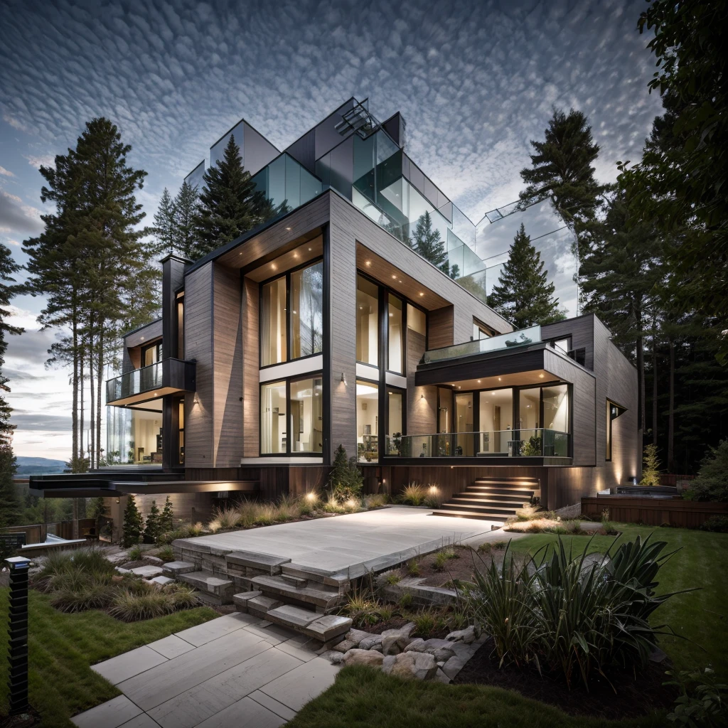 house exterior contemporary style, modernism, glass doors and windows,black metal rail, conwood ceilling, masterpiece, highquality, realistic photo, canon eos 5D mark, natural light,