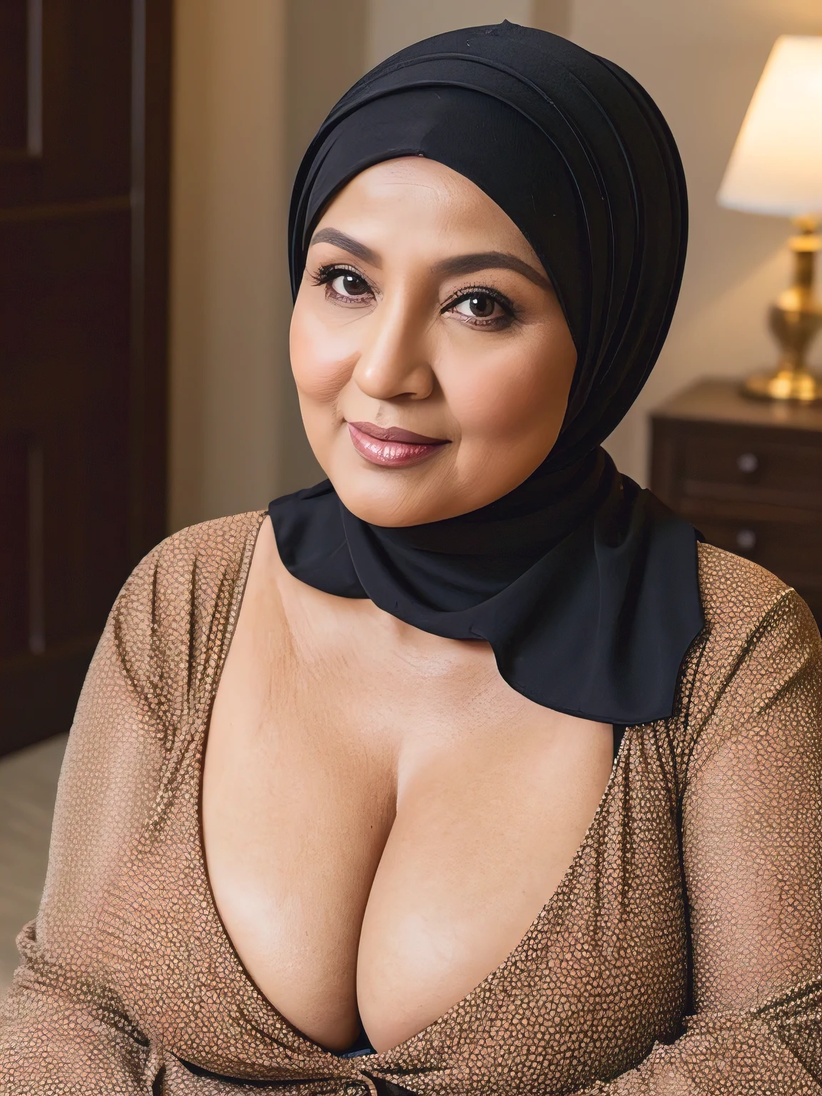 (Realistic) ((Hijab)) (real mature face) 68 Years old fat Brunei mature woman, sexy curvy, (sexy chubby body shape), Big : 34.9, (little cleavage Breast about To burst out from her clothes), professional photography with excellent lighting