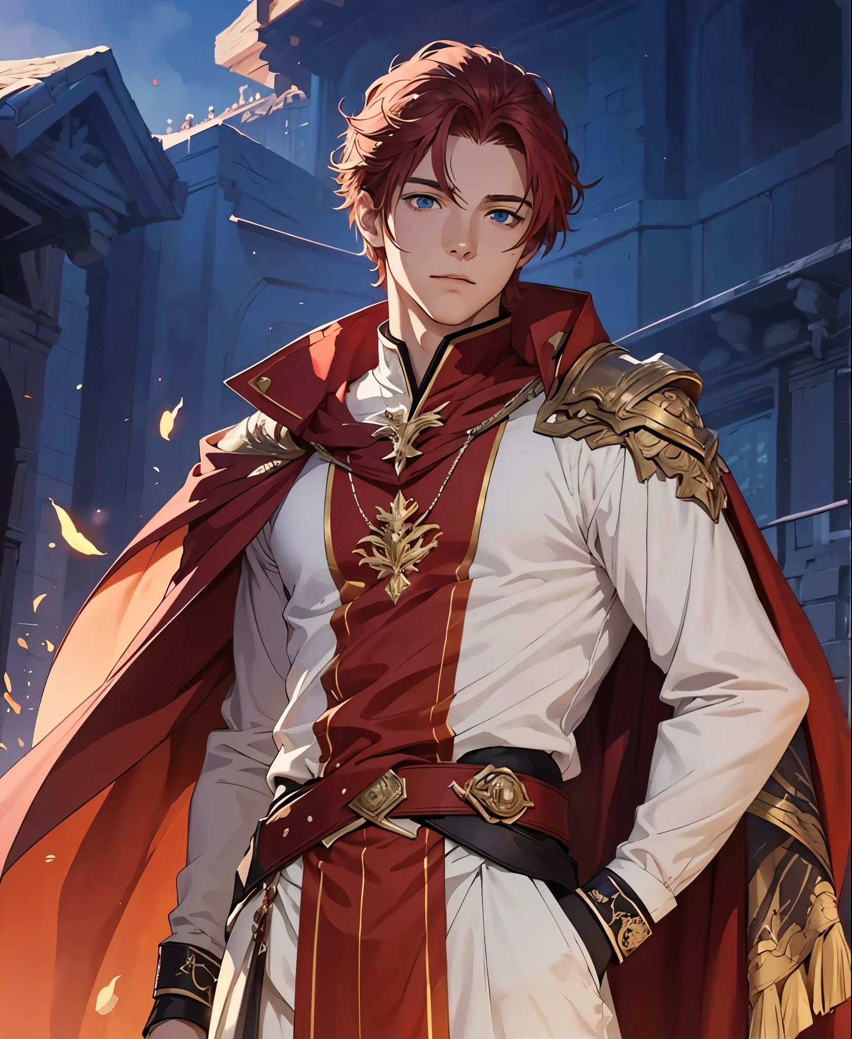 (best quality, ultra detailed), work of art, high resolution, 4k, official art, Character design, Original art character design, Young man , athletic body, medium red hair, blue eyes, wearing noble clothes, with a half-shoulder cape, from the front, empty white background.