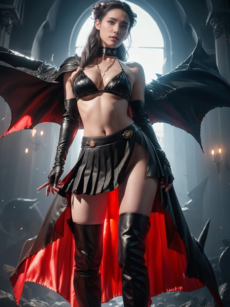 ((((Jennifer Connelly)))) as, Voluptuous, Busty White-Haired Female Dark Knight in ((((Black Full Metal)) Heavy Bikini Armor)), Red Eyes, (Thigh high Full Metal Armored Boots). (((Full Body View))), Long hair, Messy bun, (Red Cloak), (((Red Pleated Skirt))), detailed, perfect makeup, beautiful lips, large hoop earrings, (METAL bikini armor), No Helmet, (No Spikes), (Tall girl, Long legs), (Solo, 1girl), (Masterpiece, Detailed, 4k), perfect face, perfect lips, perfect makeup, dark eyeshadow, Unreal Engine 5, (Full Body Portrait), absurd resolution, high resolution, sharp image