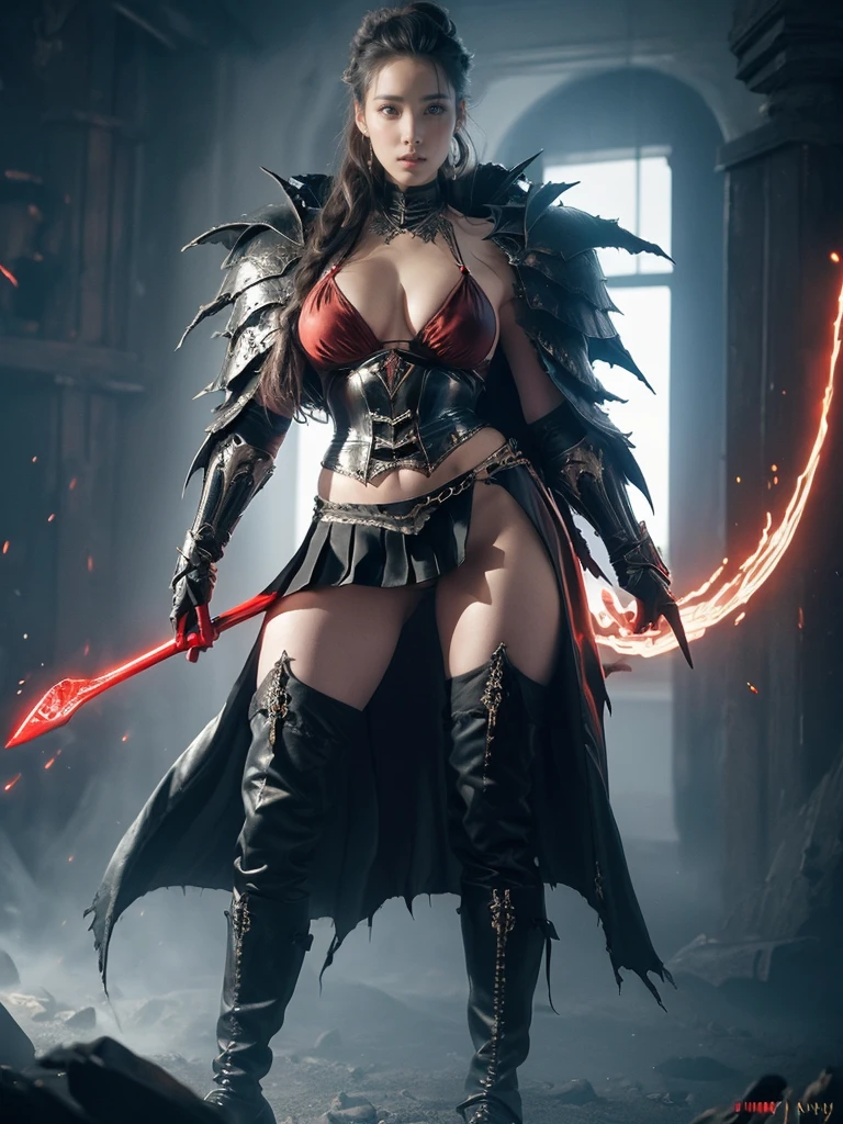 ((((Jennifer Connelly)))) as, Voluptuous, Busty White-Haired Female Dark Knight in ((((Black Full Metal)) Heavy Bikini Armor)), Red Eyes, (Thigh high Full Metal Armored Boots). (((Full Body View))), Long hair, Messy bun, (Red Cloak), (((Red Pleated Skirt))), detailed, perfect makeup, beautiful lips, large hoop earrings, (METAL bikini armor), No Helmet, (No Spikes), (Tall girl, Long legs), (Solo, 1girl), (Masterpiece, Detailed, 4k), perfect face, perfect lips, perfect makeup, dark eyeshadow, Unreal Engine 5, (Full Body Portrait), absurd resolution, high resolution, sharp image