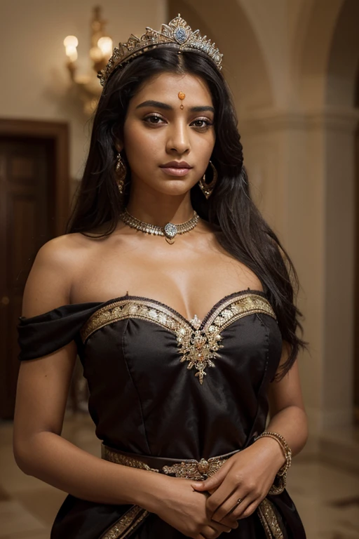 ((masterpiece)),((best quality)),((high detial)),((realistic,)),black hair,attractive eyes,indian skin,indian queen    dress,gorgeous,with a crown ,((8k)),queen lady