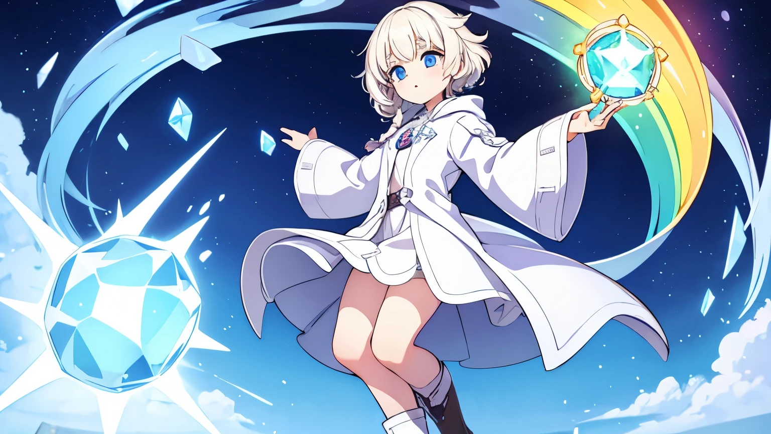 Female Alchemist,Platinum blonde curly short hair,Ice Blue Eyes,Partial long hair braids,White coat-like clothing,Rainbow colored gemstone ornament,Floating in the air,Boots underfoot