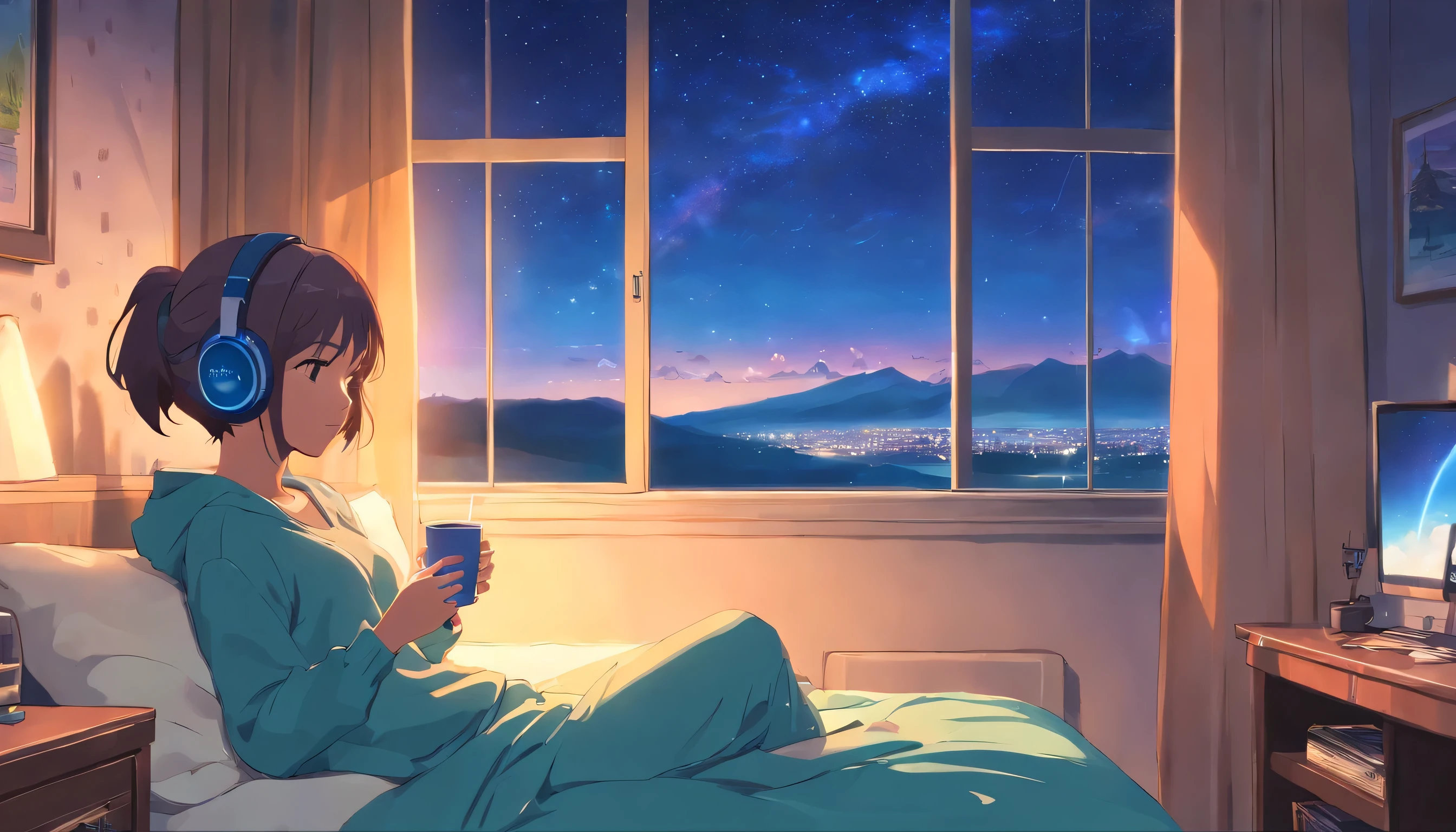 1 girl, 90s anime style, night, star, City apartment room、Girl sleeping in a chair with headphones on, late night , Listening to music alone, Sleeping while sitting、Messy room、studio、City Pop, high quality, Beautiful night view、lo-fi, Chill, late night,City night view、miscellaneous room、Foliage plant、 futuristic night view outside the window,