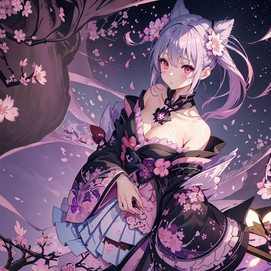 1girl、Gothic  with Japanese pattern、bat hair ornament、(Cherry Blossom Fractal Art:1.５)、(star:1.1) (flower:1.3)、pastel colour、Halloween、、The background is an abandoned castle、Purple Full Moon、Bat on the full moon、Gray Hair、universe。Milky Way、Aurora、Pink and orange light source、Lengthen the sleeves of clothes,