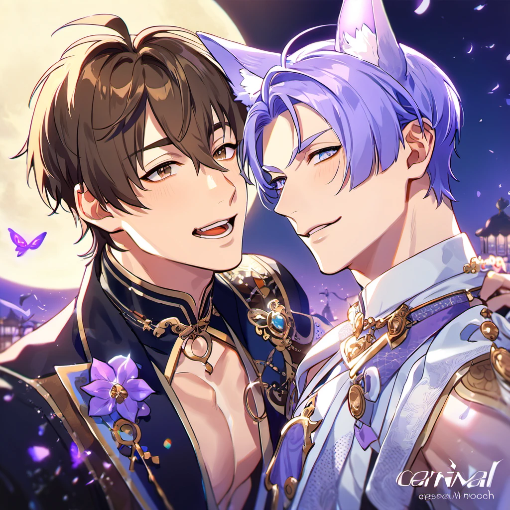 absurdres, highres, ultra detailed, HDR, master piece, best quality, Eiden, brown hair, expressive brown eyes, Nu Carnival, Kuya, light-purple hair, expressive blue eyes, fox ears, two men together, gay couple, handsome, fantasy clothes, moon, purple lilies, purple butterflies, purple flames, sky