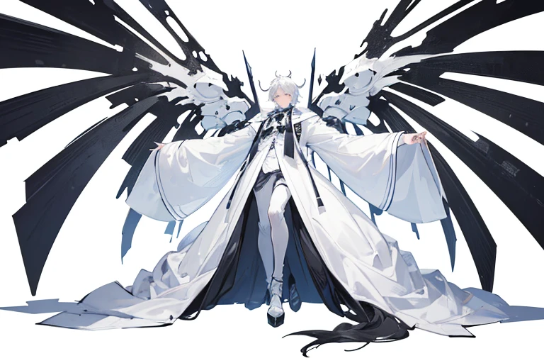 monochrome,masterpiece, illustration, best quality, best aathetic, full body,long shot,a man wearing white coats,crouch down,white background,