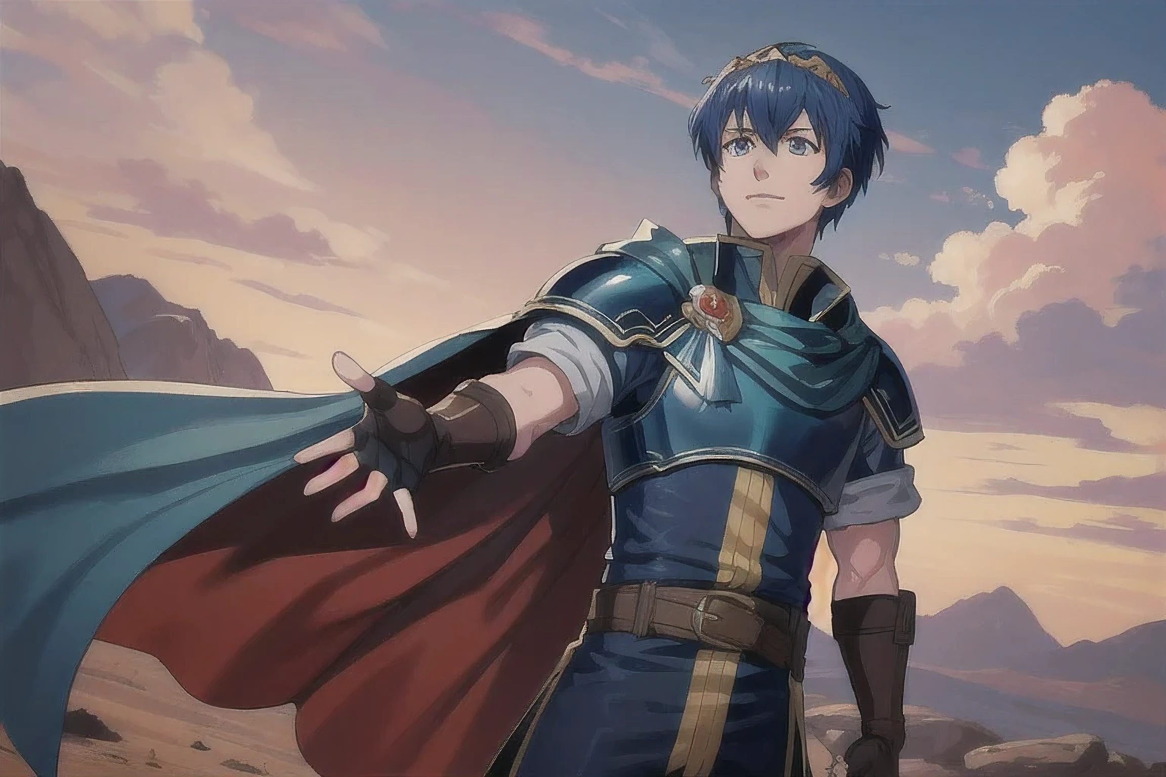 masterpiece, highest quality, Mars,fire emblem, bad anatomy,1boy,tiara, Cape, armor, blue tunic, Fingerless gloves, belt, pants, Cowboy Shot, Are standing, cloud, sunset, Frowning, smile, View your viewers,dutch angle,(((Right hand,extend a hand to someone in need)))