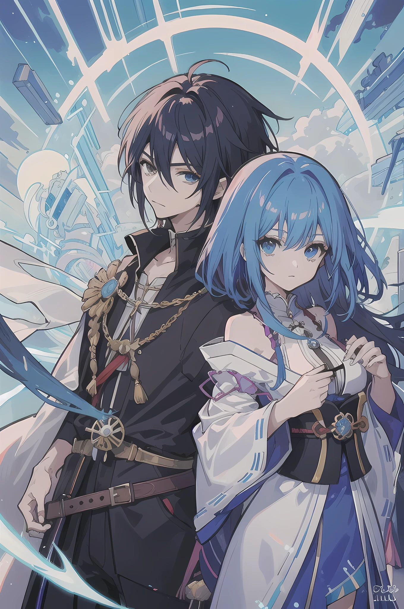 1 hombre y 1 mujer,character design, anime, cover jrpg, jrpg, fancy designs, pelo largo azul, pelo largo blanco, magia, hombre sosteniendo espada, dos personas, mujer con magia, japanese video game cover, Japan jrpg, epic background, medieval, fancy.