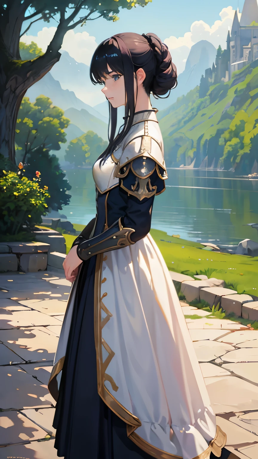 (highest quality、High resolution、masterpiece)、(Anime Art 4k)、(Realistic)、Portraiture、 (whole body)、(1 person)、20-year-old woman、( Woman in armor standing on top of a hill)、Beautiful Face、 (Facial details)、Black Hair、 short hair、 Beautiful Hair、Shiny Hair、(Put your hair up、Combing your hair)、Skin Texture、Slim figure、Small-chested medieval light armor、Beautiful Armor、Armor Skirt、lace-up bodice dress、steampunk、Cinema Lighting、Ray Tracing、Soft Light、Landscape painted on a foggy morning、Outdoor、Nice views、Lake and mountains in the distant background々、(Sargent-style watercolor)、(Edmund Leighton Style)、