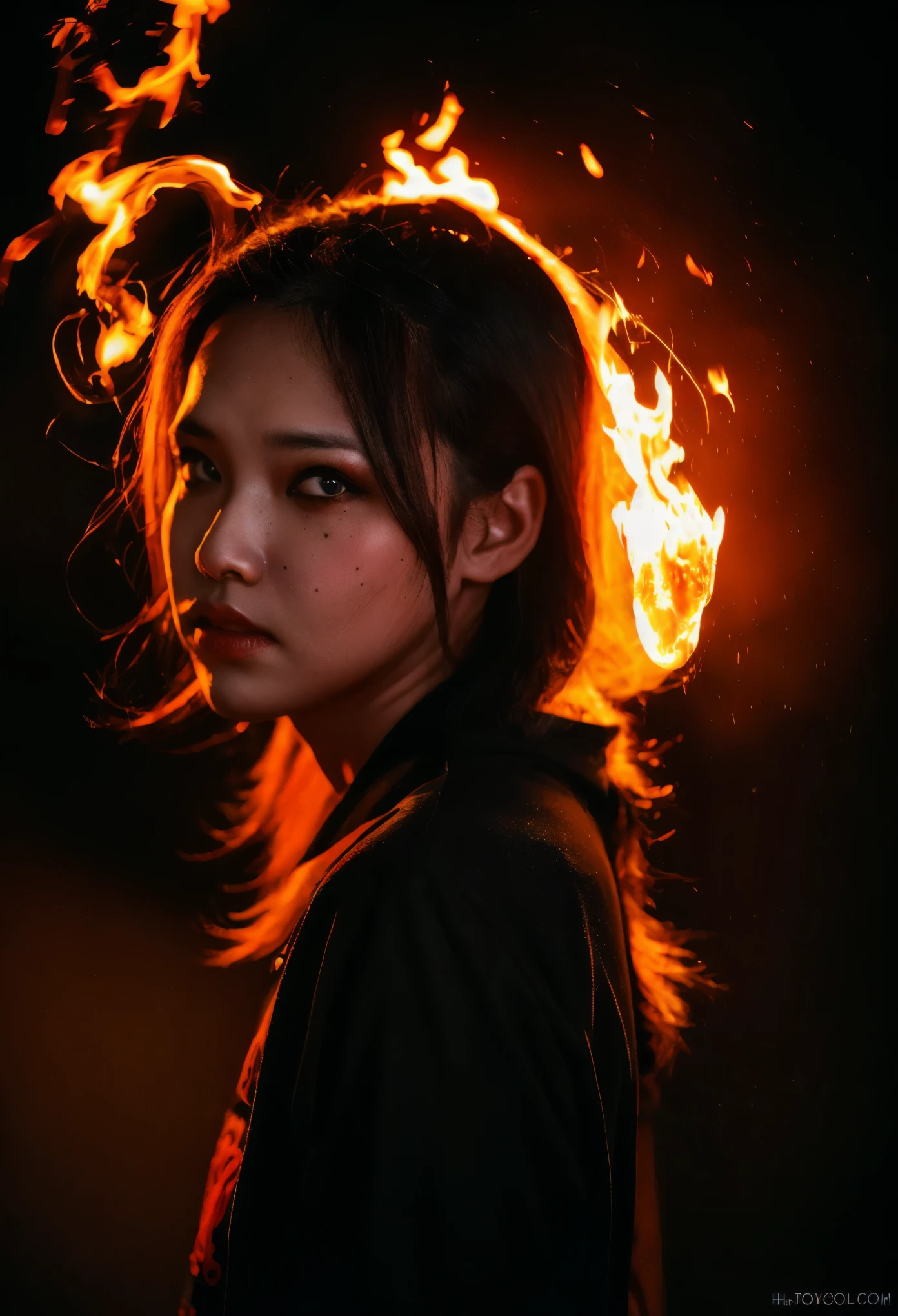 Only face, Hero from hell, using face cover, dark fire on background, lighting 