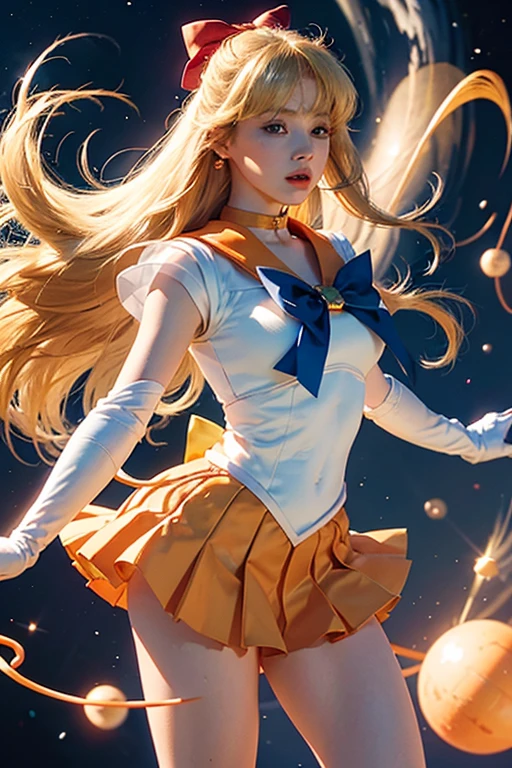 masterpiece, best quality, highres, sv1, 1girl, solo, sailor senshi uniform, sailor venus, blonde hair, magical girl, (blue eyes:0.8), orange skirt, elbow gloves, tiara, pleated skirt, hair bow, orange sailor collar, miniskirt, choker, red bow, orange choker, white gloves, very long hair, jewelry, earrings, close-up, full body, dynamic posture, Cosmic background, shooting star, strong light beam,